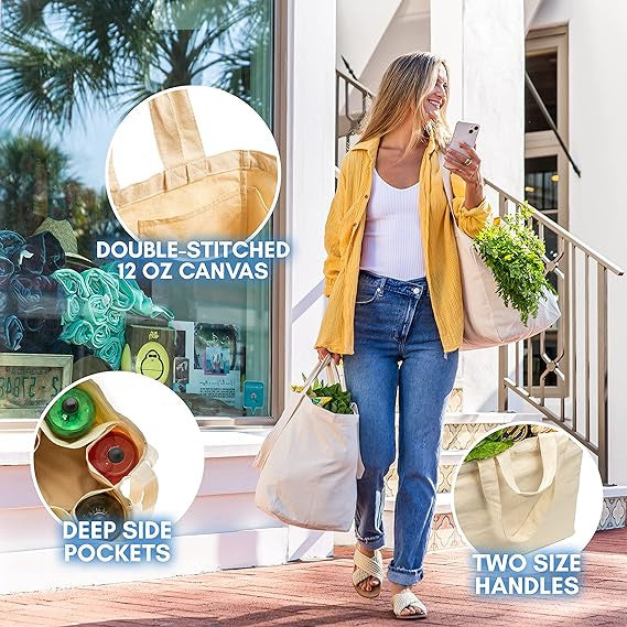 large canvas tote with pockets